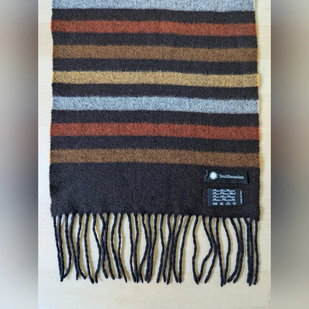 Smithsonian Brown Yellow Orange Striped Scarf Wool Made In‎ Italy